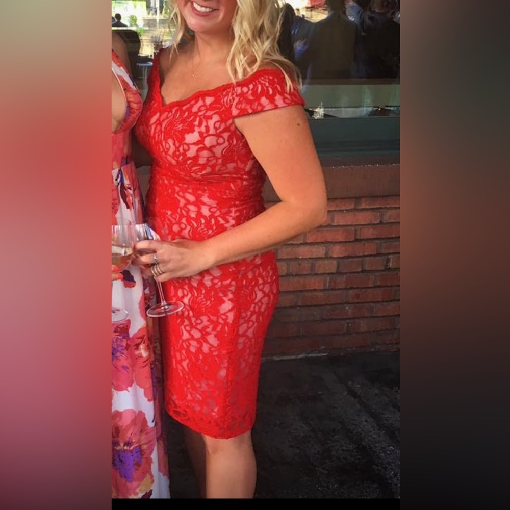 Xscape red lace off the shoulder dress